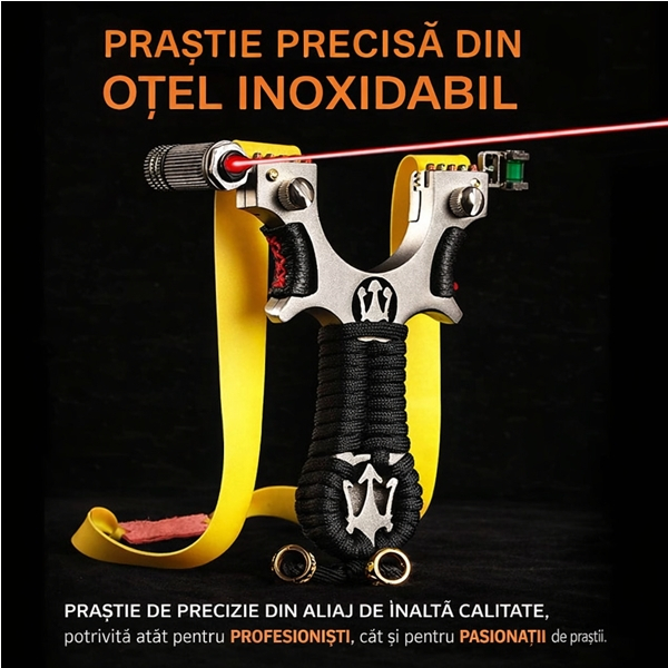 Set praștie de precizie multifuncțională cu laser si 100 bile metalice 6 mm, DEPOX®, metal cu vizor optic, 2 elastice de rezervă, 11 cm, negru [10]