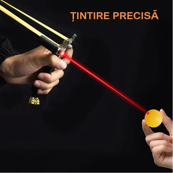 Set praștie de precizie multifuncțională cu laser si 100 bile metalice 6 mm, DEPOX®, metal cu vizor optic, 2 elastice de rezervă, 11 cm, negru [9]