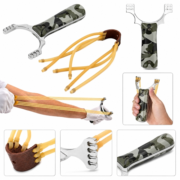 Set praștie metalică si doua benzi elastice de rezerva DEPOX®, maner camuflaj, 14.5 cm [6]
