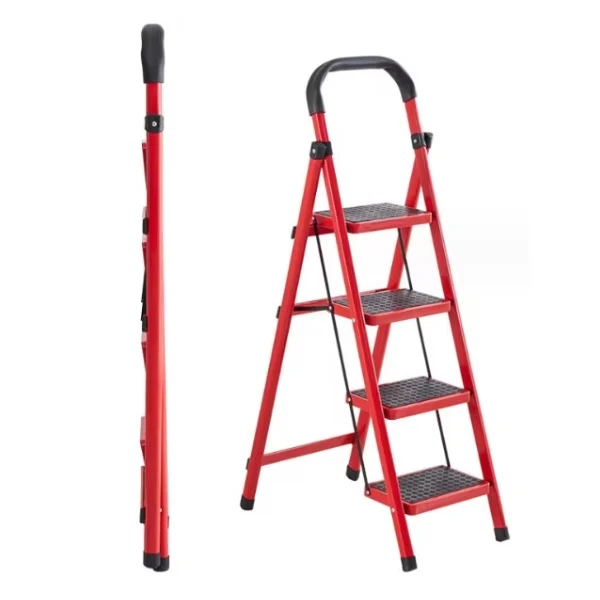 Scara pliabila metalica 4 trepte, DEPOX®, antiderapanta, compacta, rosie, 145 cm [2]