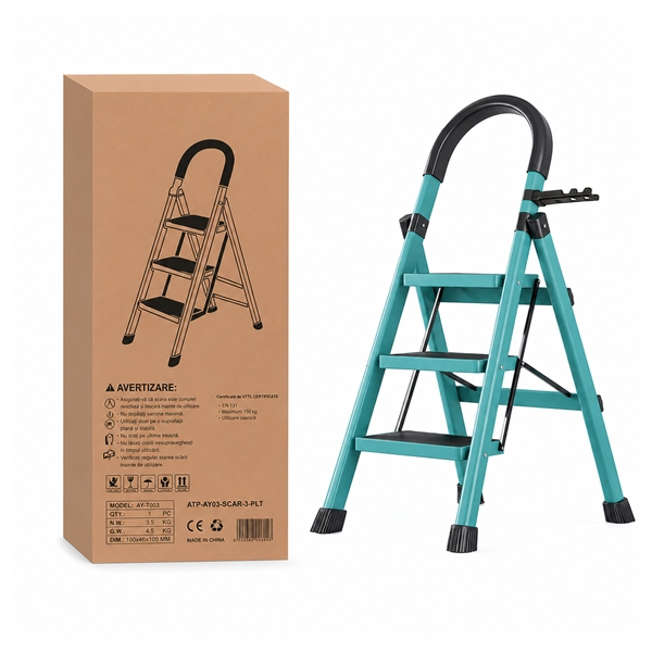 Scara pliabila metalica 3 trepte, DEPOX®, antiderapanta, compacta, albastru, 125 cm [2]