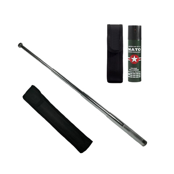 Set baston telescopic din otel si spray paralizant , 90 ml, argintiu, 77 cm, 4 sectiuni , husa inclusa [2]