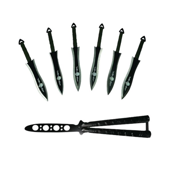 Set Briceag fluture si sase cutite de aruncat, otel inoxidabil, negru [1]