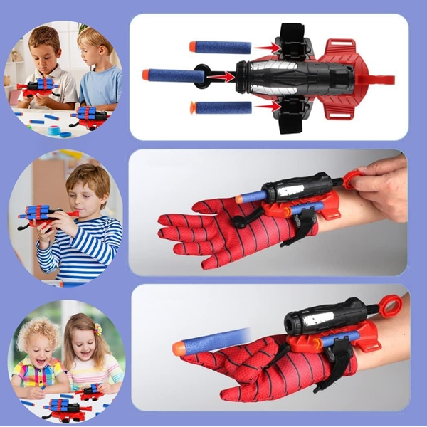 Set costum Spiderman cu muschi si manusa lansator cu 7 ventuze din burete , IdeallStore®, marime S, 3 - 5 ani, rosu [7]