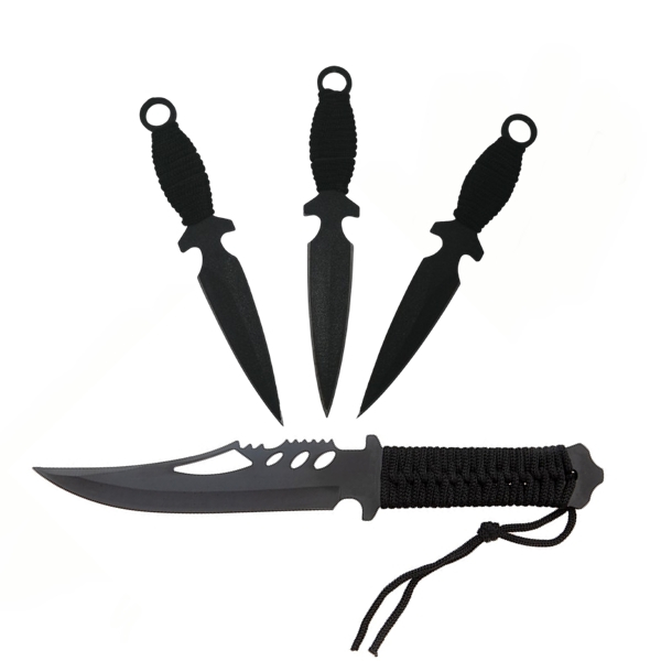 Set Cutit de vanatoare Extreme Battle si trei cutite de aruncat, Ninja Way, IdeallStore®, otel inoxidabil [14]