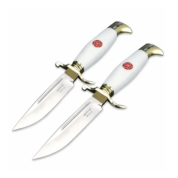 Set de doua cutite de vanatoare, teaca din piele naturala, lama 440C, maner acrilic full tang, 26 cm, alb/maro [2]