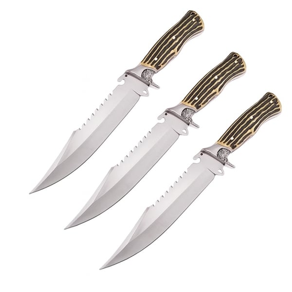 Set trei cutite vanatoare, lama otel zimtata, DEPOX®, 30 cm, teaca inclusa [1]