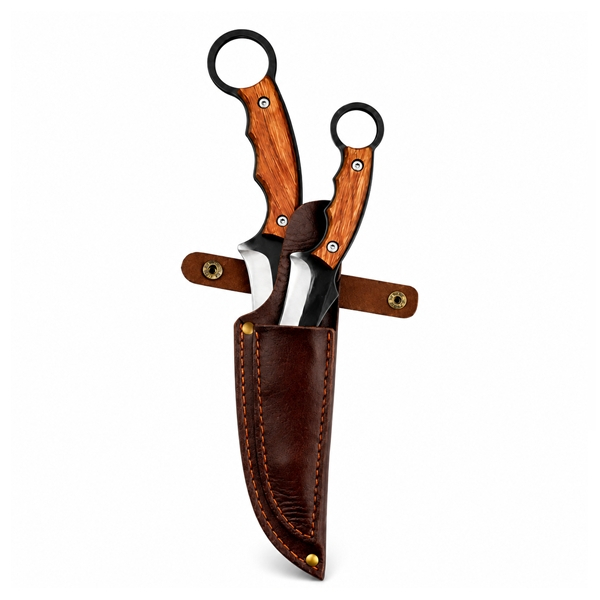 Set doua cutite supravietuire DEPOX®, lama din otel inoxidabil, maner din lemn, teaca piele naturala, 27 cm/20 cm [3]
