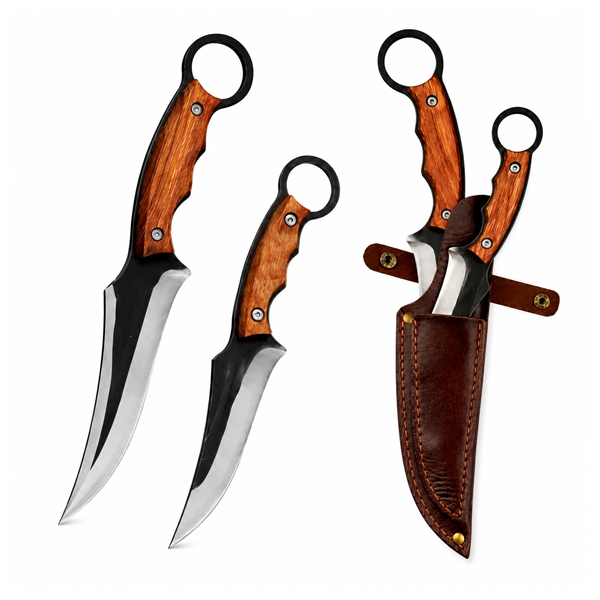 Set doua cutite supravietuire DEPOX®, lama din otel inoxidabil, maner din lemn, teaca piele naturala, 27 cm/20 cm [2]