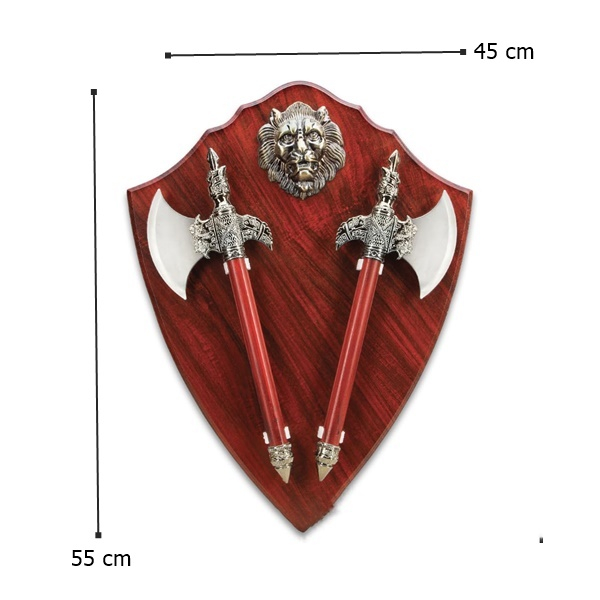 Panoplie in forma de scut cu doua topoare, emblema tigru, lemn, 55 cm, visiniu [4]