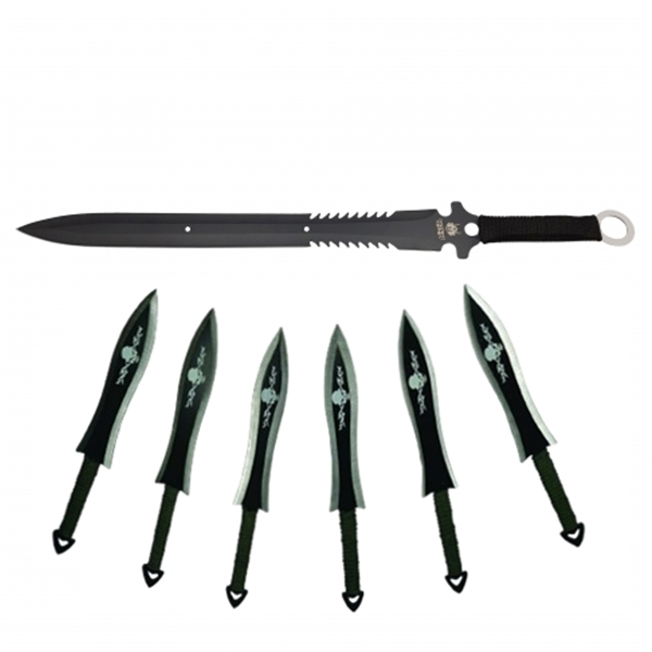 Set sabie de vanatoare Last Ronin si sase cutite de aruncat, otel inoxidabil, negru [1]