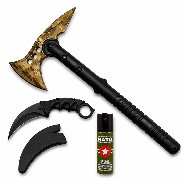 Set topor Survivor, spray paralizant si cutit karambit DEPOX®, 39 cm/110 ml/18.5 cm, husa inclusa [2]