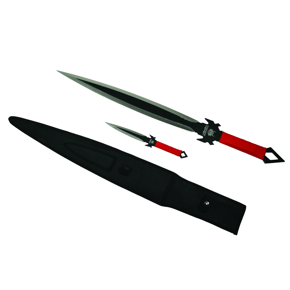 Set vanatoare IdeallStore®, sabie si set trei cutite aruncat, otel inoxidabil, negru [2]
