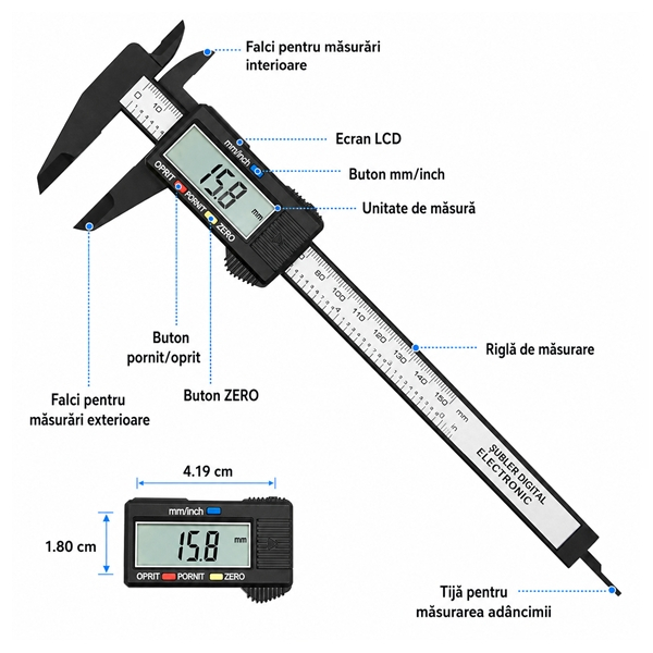 Subler digital electronic 150 mm, DEPOX®, afisaj LCD, instrument profesional de masurare precisa, negru [3]