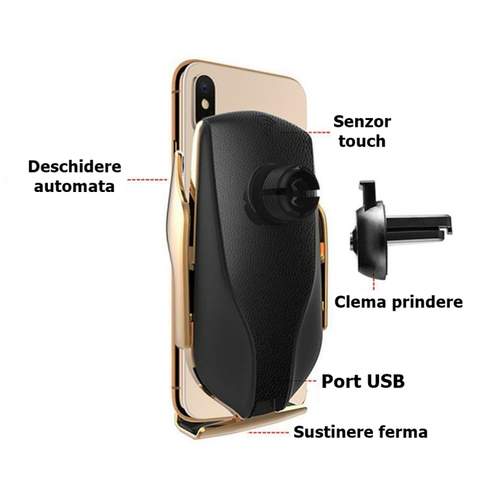 Suport auto cu incarcare rapida wireless IdeallStore®, Vrum-Vrum Friend, plastic, universal, senzor infrarosu, 13 cm, auriu [5]