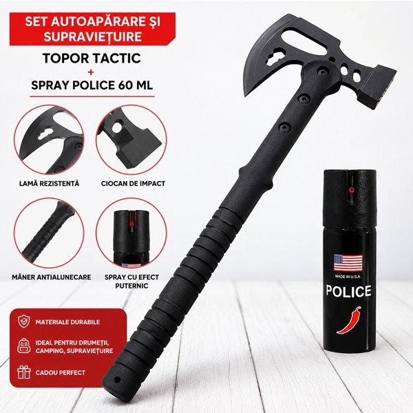 Set topor si spray paralizant chili, DEPOX®, otel inoxidabil, negru, 42 cm/ 60 ml [2]