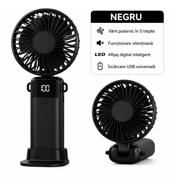 Ventilator portabil USB reîncărcabil, DEPOX ,silențios cu 5 trepte de viteză, negru [4]