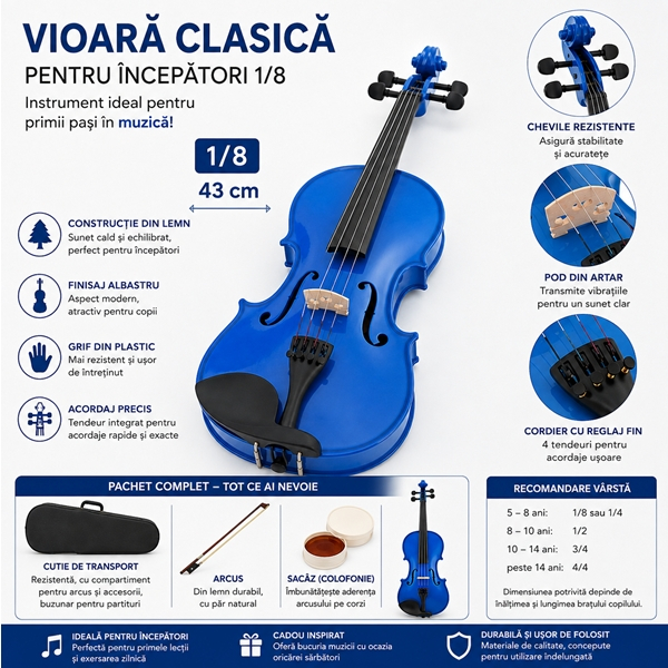 Vioara Clasica pentru Copii si Incepatori 1/8 DEPOX®, 43 cm, Lemn, Arcus, Cutie de Transport si Sacaz, Albastra [13]