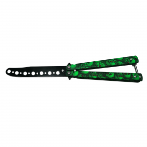 Briceaguri fluture & antrenament - Briceag fluture IdeallStore®, Happy Green Skulls, pentru antrenament, 22 cm