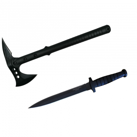 Seturi de cutite & accesorii vanatoare si tactice - Set de supravietuire IdeallStore®, Double Trouble, topor si cutit cu tais dublu, otel inoxidabil, negru
