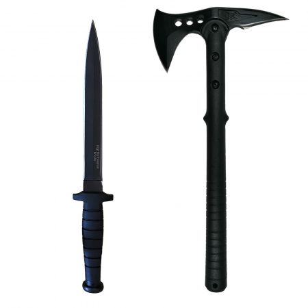 Seturi de cutite & accesorii vanatoare si tactice - Set camping Ideallstore, topor Pirate Skull si cutit cu tais dublu, otel inoxidabil, negru