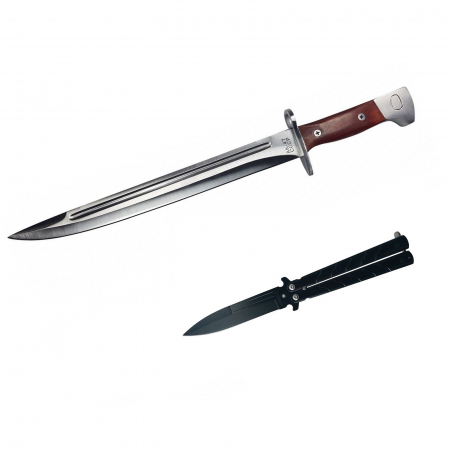 Seturi de cutite & accesorii vanatoare si tactice - Set baioneta Navy, Spear Point si cutit balisong, butterfly, Spear Point, 32 cm