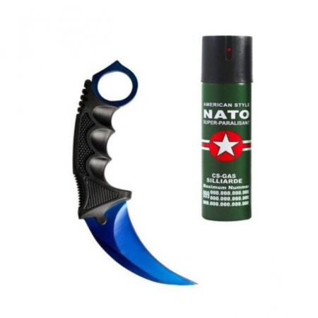SPORT & TIMP LIBER - Set format din Karambit albastru, teaca din plastic si spray Nato paralizant 60 ml