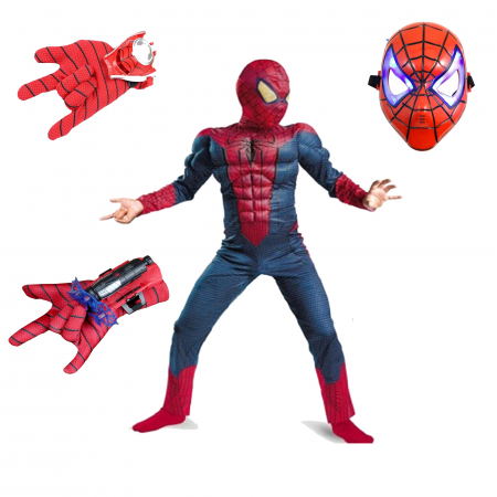 Costume Halloween copii - Set costum Spiderman cu muschi, 2 lansatoare si masca plastic LED, rosu, 7-9 ani, 120-130 cm
