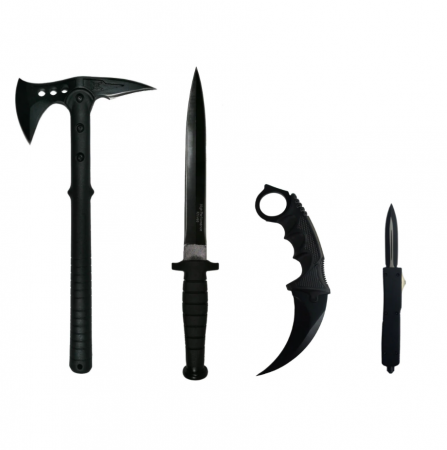 Seturi de cutite & accesorii vanatoare si tactice - Set 4 ustensile DeltaForce, topor si 3 cutite, otel inoxidabil, negru