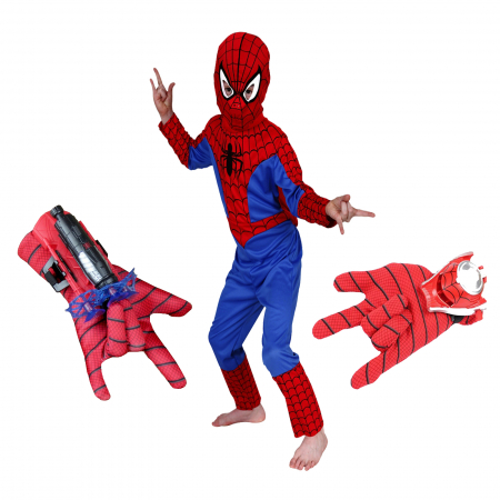 Costume spiderman - Set costum Spiderman, manusa cu ventuze si manusa cu discuri, 100-110 cm, 3-5 ani