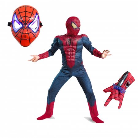 Costume si seturi pentru copii - Set costum cu muschi Spiderman, manusa cu lansator si masca plastic LED, rosu, 3-5 ani, 100-110