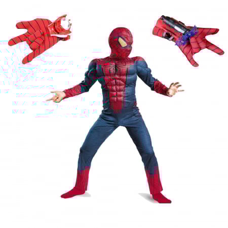 Costume si seturi pentru copii - Set costum Spiderman cu muschi si 2 lansatoare, rosu, 110-120 cm, 5-7 ani