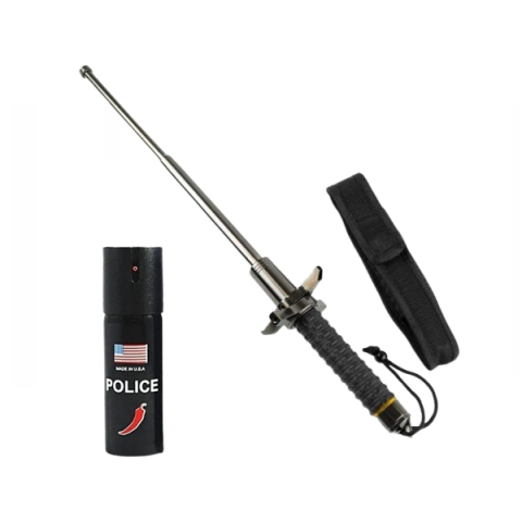 Set baston telescopic cu si spray autoaparare chili DEPOX®, spărgător de geamuri, mâner antiderapant, husa inclsa, 24-67 cm/60 ml [1]