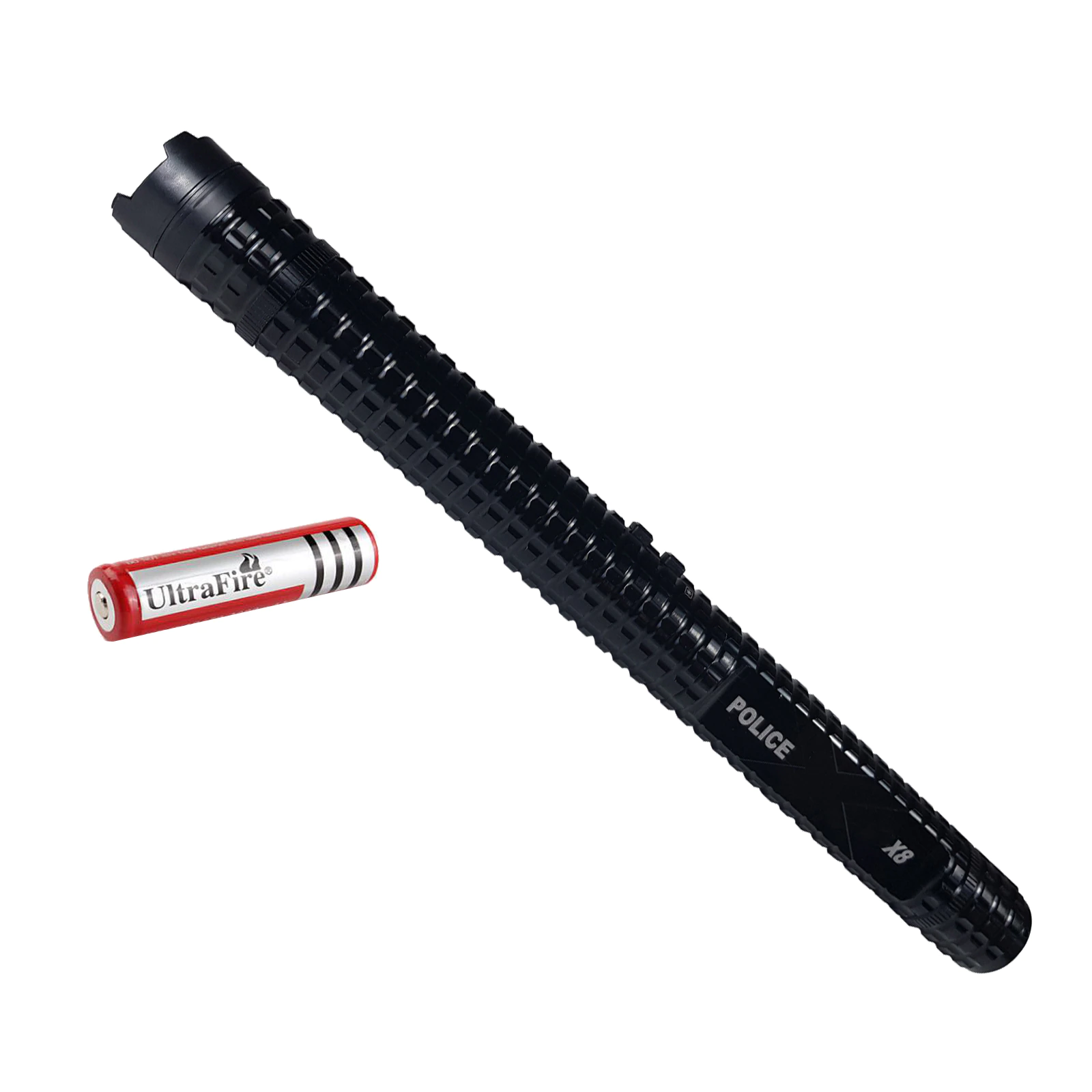 Electrosoc - Baston cu electrosoc si lanterna Police X8, metalic, 35 cm, negru, acumulator rezerva inclus