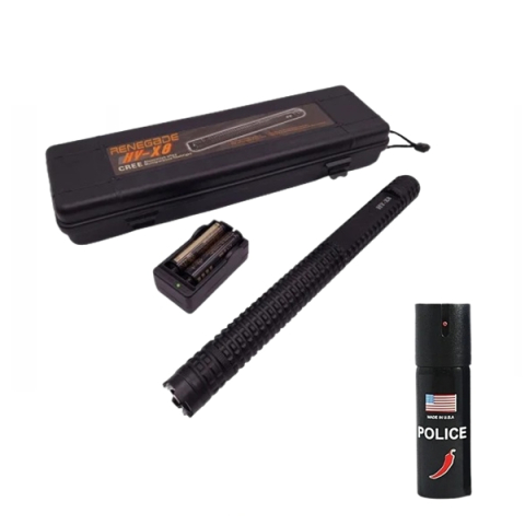 Electrosoc - Set baston electrosoc, lanterna si spray paralizant chili DEPOX®, metalic, 35 cm/60 ml, negru, cutie inclusa
