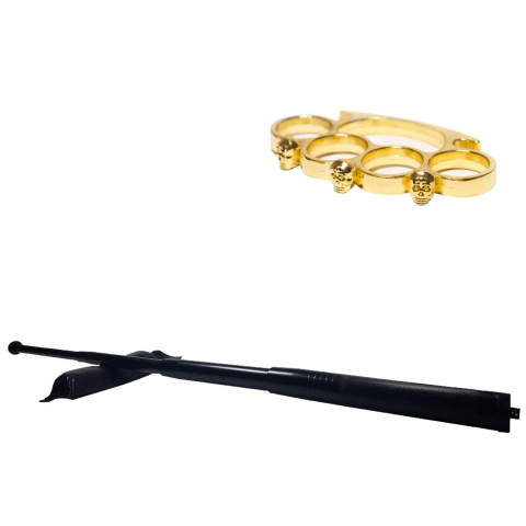 Bastoane telescopice si nunceaguri - Set baston telescopic din otel, negru, 64 cm + box craniu auriu