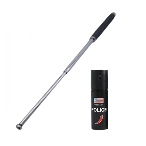 Bastoane telescopice si nunceaguri - Set baston telescopic 3 sectiuni si spray paralizant chili DEPOX®, otel inoxidabil, 64 cm/60 ml, argintiu.negru, husa inclusa