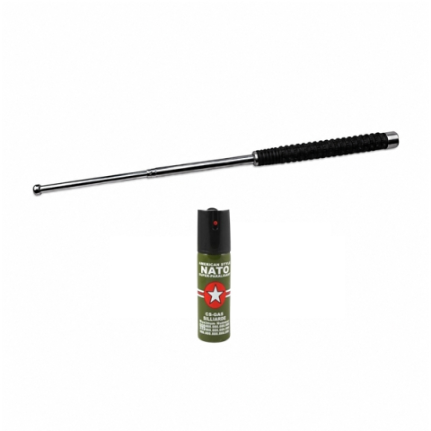 SPORT & TIMP LIBER - Set baston telescopic 3 sectiuni si spray autoapărare NATO DEPOX®, otel inoxidabil, 64 cm/60 ml, argintiu, husa inclusa