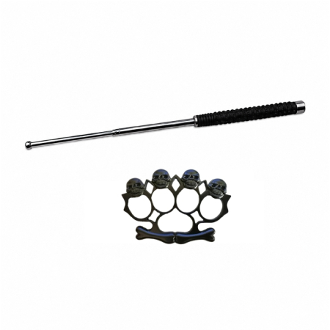 AUTOAPARARE - Set baston telescopic 3 sectiuni si box craniu DEPOX®, otel inoxidabil, 64 cm/12 cm, argintiu/negru, husa inclusa