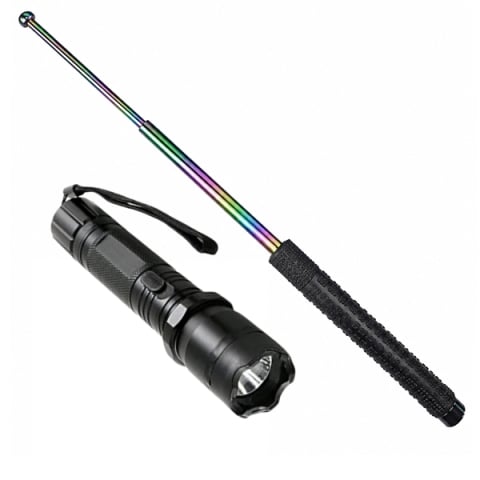 Bastoane telescopice si nunceaguri - Set baston telescopic din otel 3 sectiuni si electrosoc lanterna tip police DEPOX®, rainbow, 66 cm/1000KV, husa inclusa
