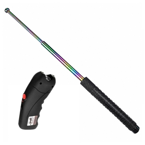 Bastoane telescopice si nunceaguri - Set baston telescopic din otel 3 sectiuni si electrosoc multifunctional 2500 kV DEPOX®, rainbow, 66 cm, husa inclusa