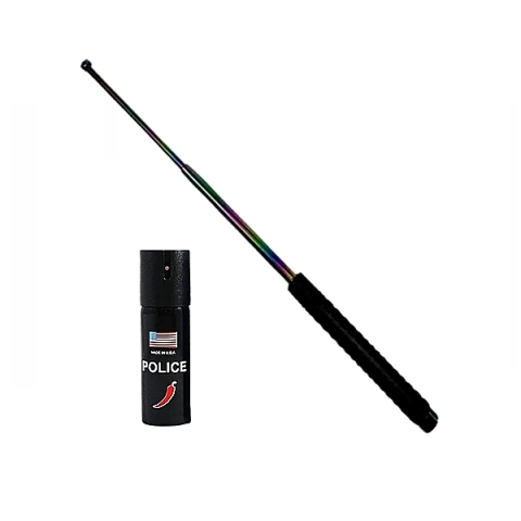 Bastoane telescopice si nunceaguri - Set baston telescopic din otel 3 sectiuni si spray paralizant chili DEPOX®, rainbow, 66 cm/60 ml, husa inclusa