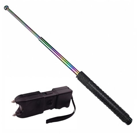 Bastoane telescopice si nunceaguri - Set baston telescopic din otel 3 sectiuni si electrosoc, TW-10, negru, 400 KV DEPOX®, rainbow, 66 cm, husa inclusa