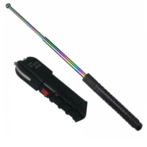 Bastoane telescopice si nunceaguri - Set baston telescopic din otel 3 sectiuni si electrosoc multifunctional 150000 W DEPOX®, rainbow, 66 cm, husa inclusa