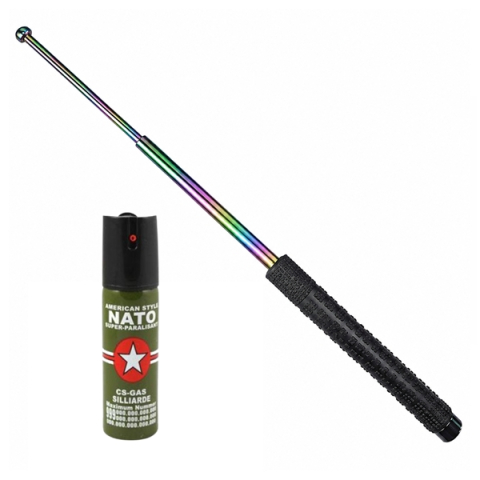 Bastoane telescopice si nunceaguri - Set baston telescopic din otel 3 sectiuni si spray paralizant NATO DEPOX®, rainbow, 66 cm/60 ml,  husa inclusa
