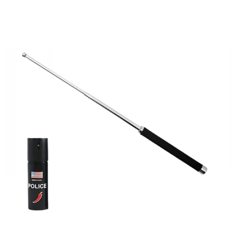 SPORT & TIMP LIBER - Set baston telescopic pliabil si spray paralizant chili DEPOX®, 65 cm/ 60 ml, argintiu, husa inclusa