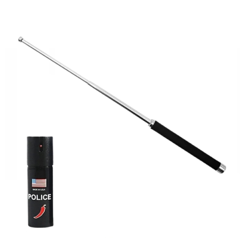 SPORT & TIMP LIBER - Set baston telescopic pliabil si spray paralizant chili, DEPOX®, 51 cm/ 60 ml, maner antiderapant, argintiu