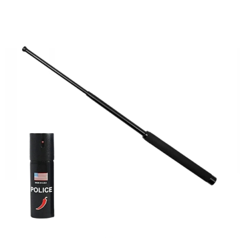 SPORT & TIMP LIBER - Set baston telescopic pliabil si spray paralizant chili, DEPOX®, 64 cm/ 60 ml, maner antiderapant, negru