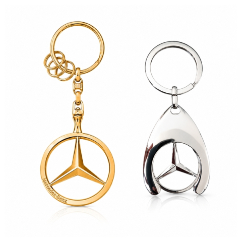 Brelocuri - Set 2 Brelocuri Mercedes-Benz, Metal, Design Elegant, Inele pentru Chei, Auriu/Argintiu, 7.5 cm/9 cm