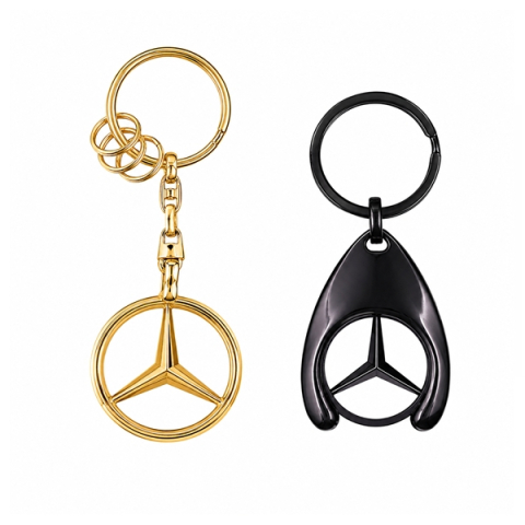 Brelocuri - Set 2 Brelocuri Mercedes-Benz, Metal, Design Elegant, Inele pentru Chei, Auriu/Negru, 7.5 cm/9 cm
